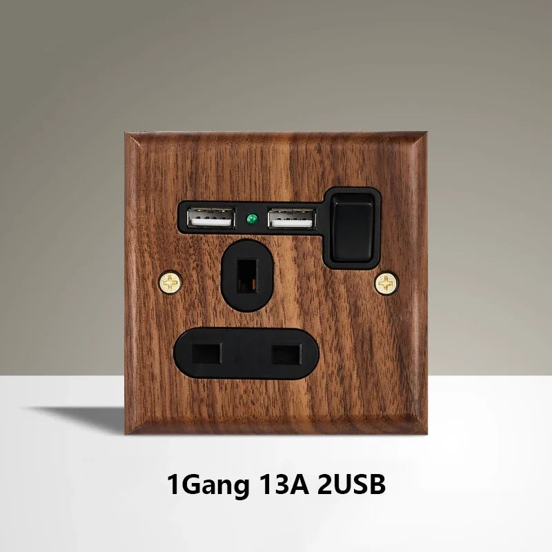 Black Walnut Wood Toggle Light Switch,Home retro Brass Panel,FR UK Universal Double USB Wall Electrical Socket Vintage Switch