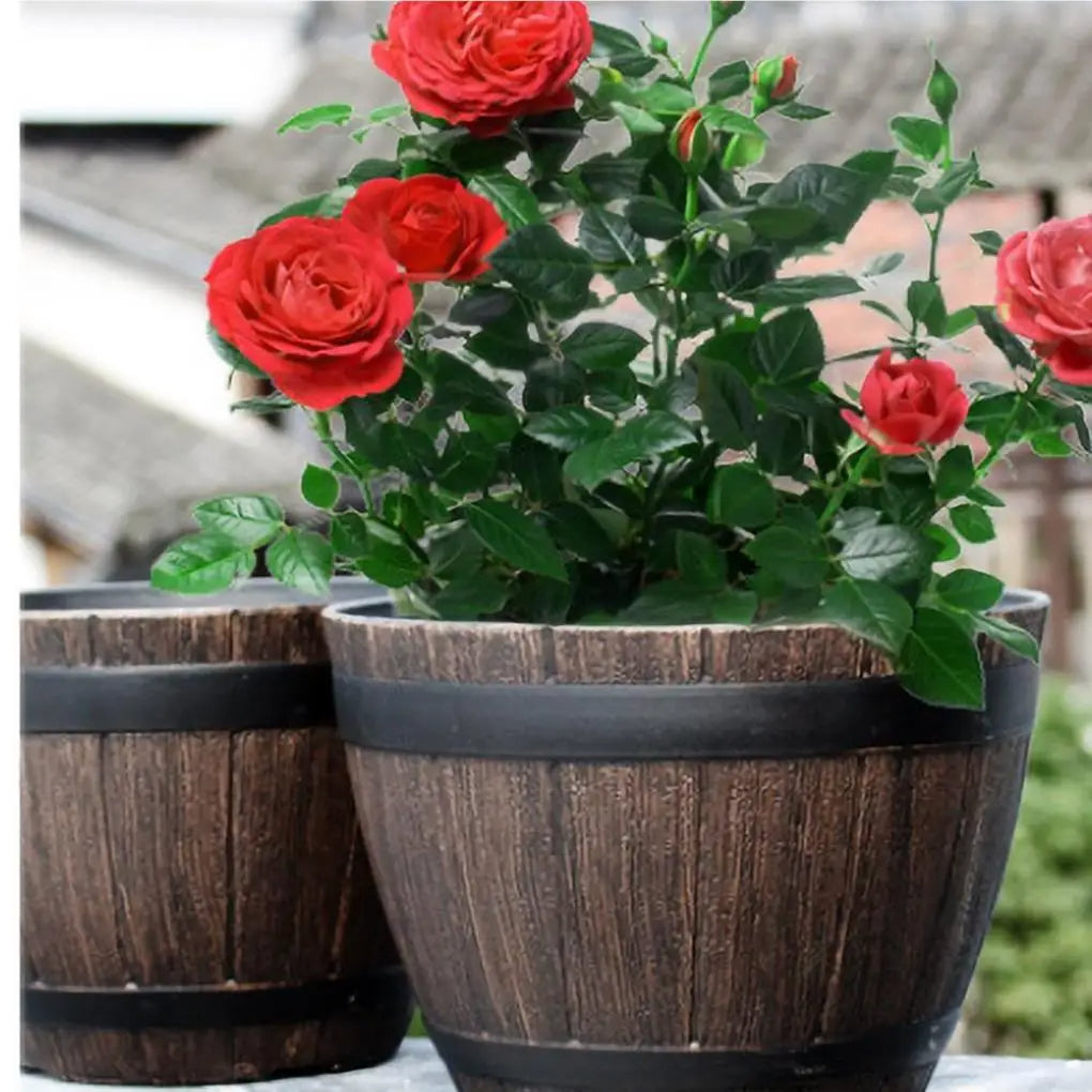 Flower Pots, 9" Simulation Wood Barrels Flower Bucket Ornament, Classic Home and Garden Whiskey Plastic Flower Pot Barrel Planter