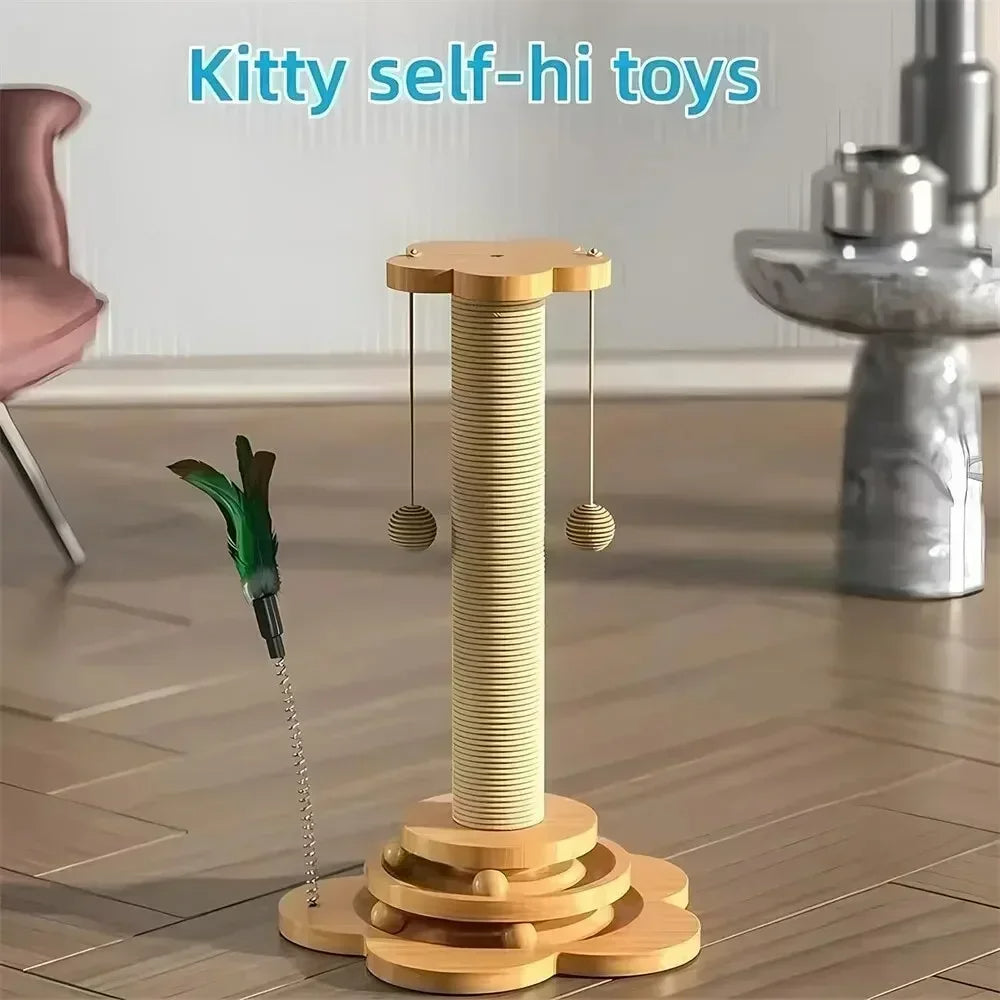 Cat Scratching Post - 4 in 1 Scratching Post, Wooden Cat Scratch Post with 2 Level Sisal Balls & 2 Sisal Hanging Balls for Indoor Kittens, Gifts