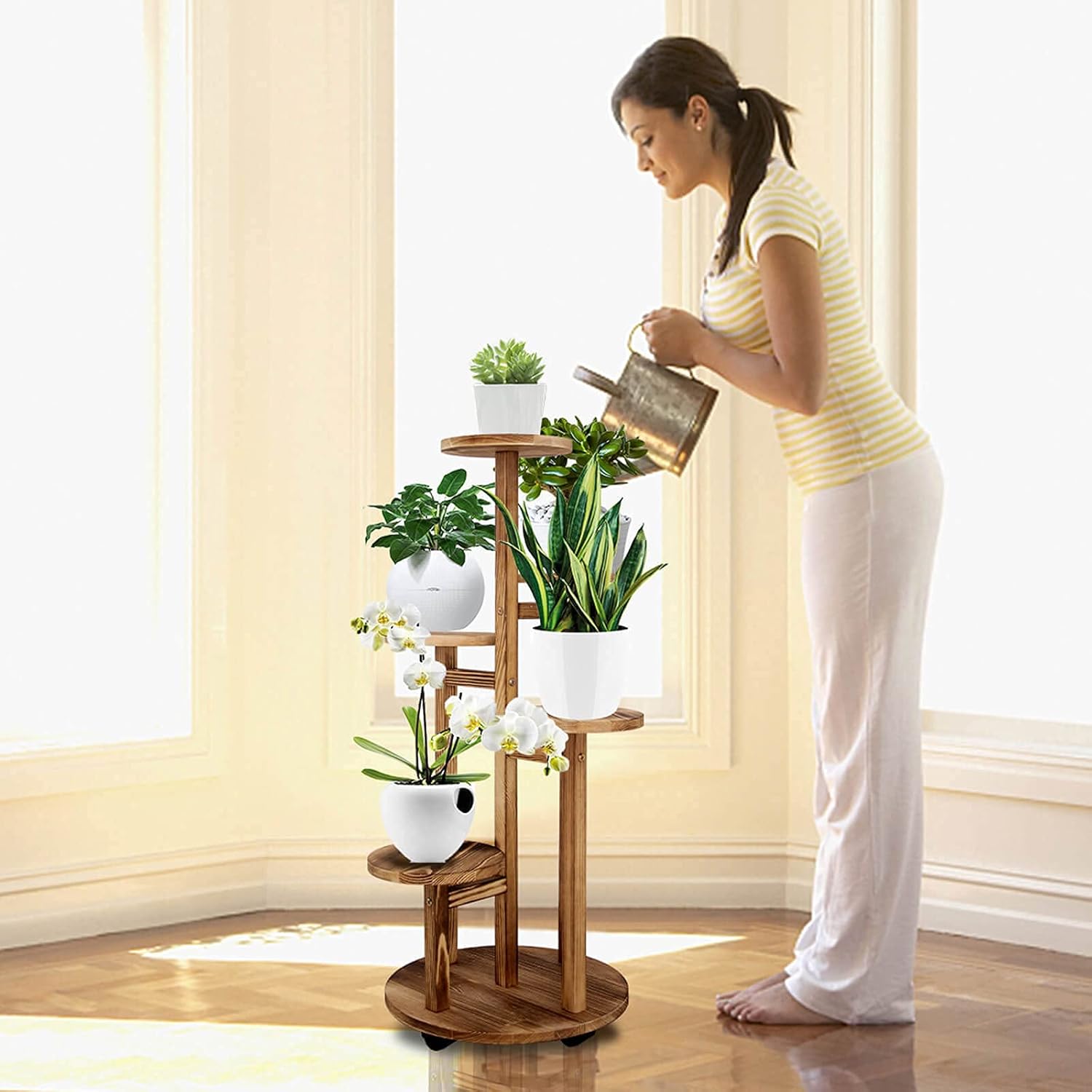 5 Tiered Tall Plant Stand for Indoor, Wood Plant Shelf Corner Display Rack, Multi-tier Planter Pot Holder Flower Stand for Living Room Balcony Garden Patio (Walnut)