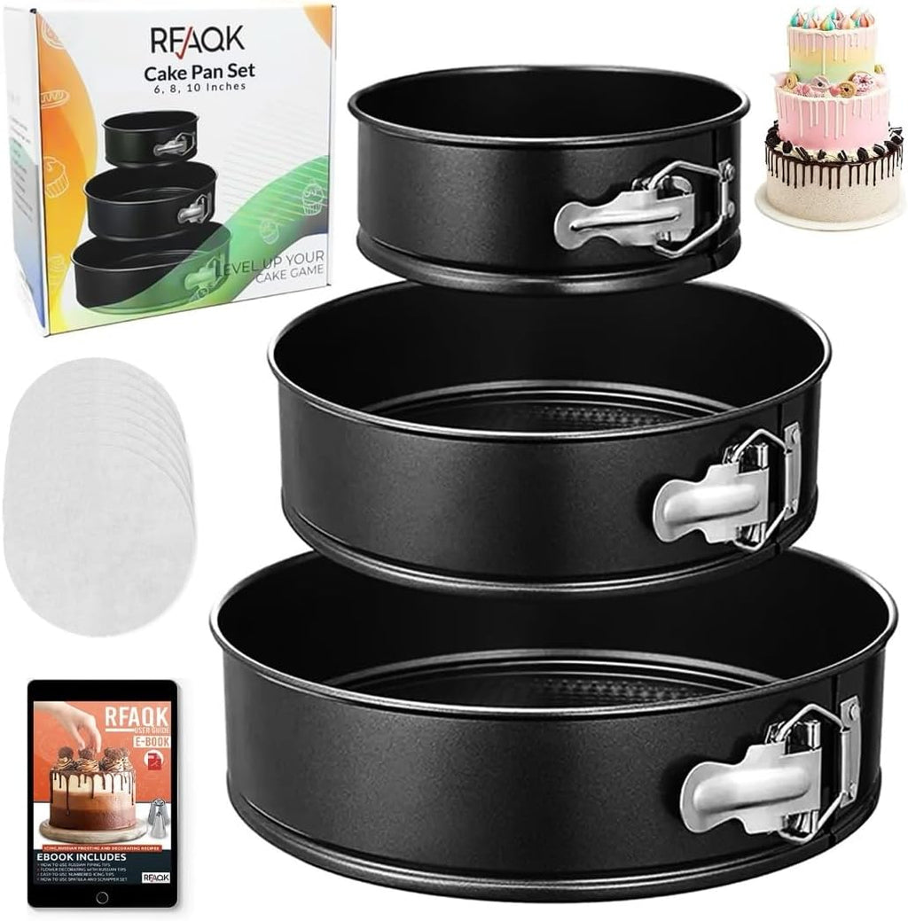 Springform Pan Set of 3 - Non-Stick Leakproof Round Cake Pans (6", 8", 10") with 90 Pcs Parchment Paper Liners and Bonus Ebook - Perfect for Cheesecakes, Baking, and More!"