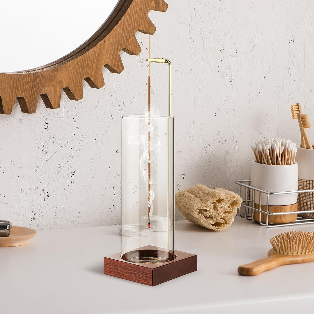 Incense Holder,Wooden Incense Holder for Sticks with 20 Incense Sticks, Anti-ash Incense Burner with Glass Ash Catcher for Meditation Yoga Spa Gift Home Decor