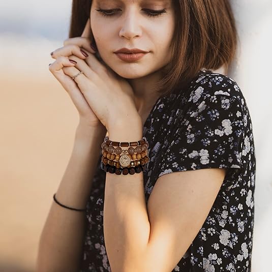 Bohemian Natural Stone Beaded Bracelets for Women Men Stackable Stretch Beads Bracelet Set with Charm and Tassel Multilayered Elastic Gemstone Bracelets Summer Beach Boho Jewelry Gift for Women