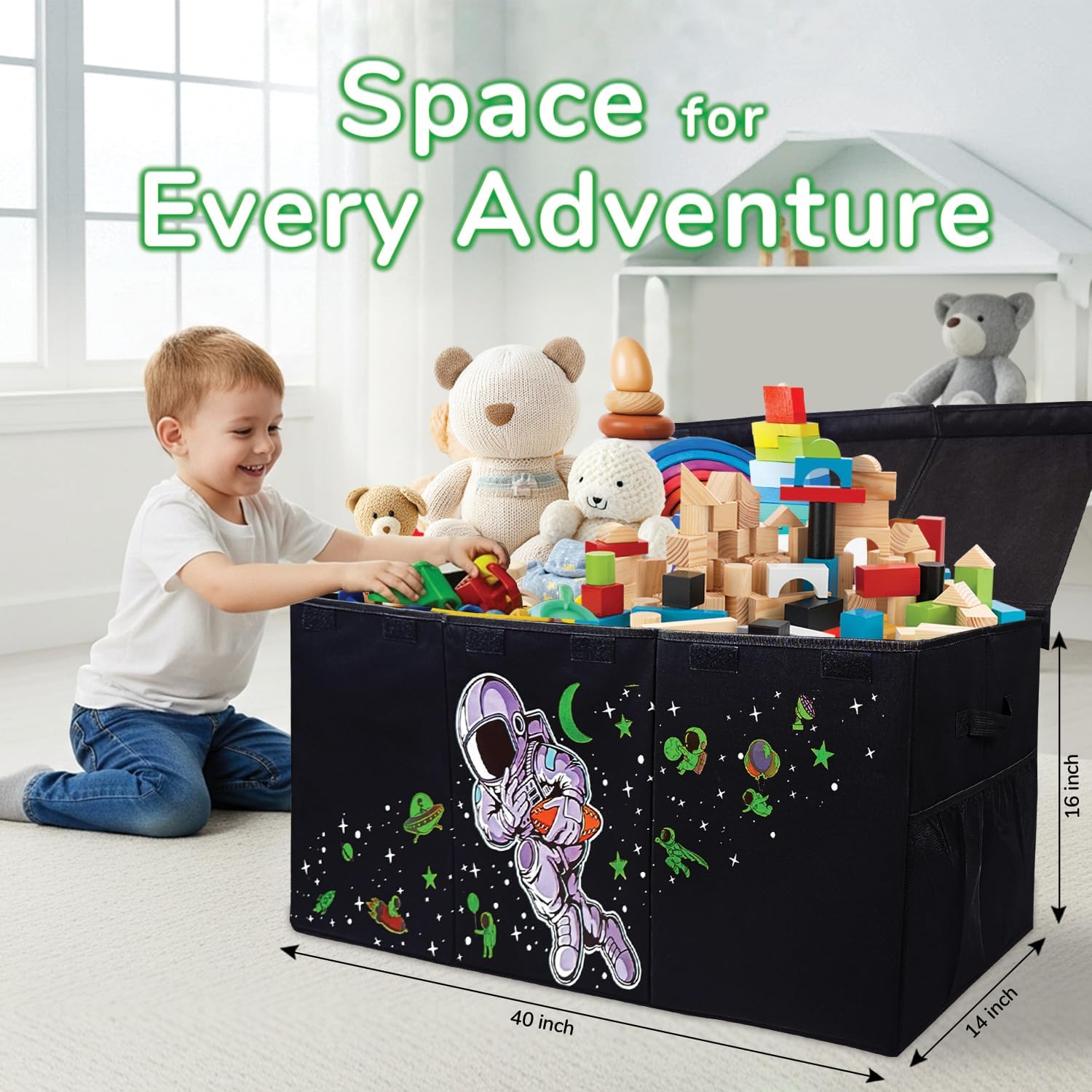 Extra Large Toy Storage Organizer For Living Room with Lids - Glow-in-Dark 40"x14"x16" Collapsible 600D Oxford Toy Chest for Kids, Boys, Girls - Durable Toy Bin for Living Room, Playroom, Nursery