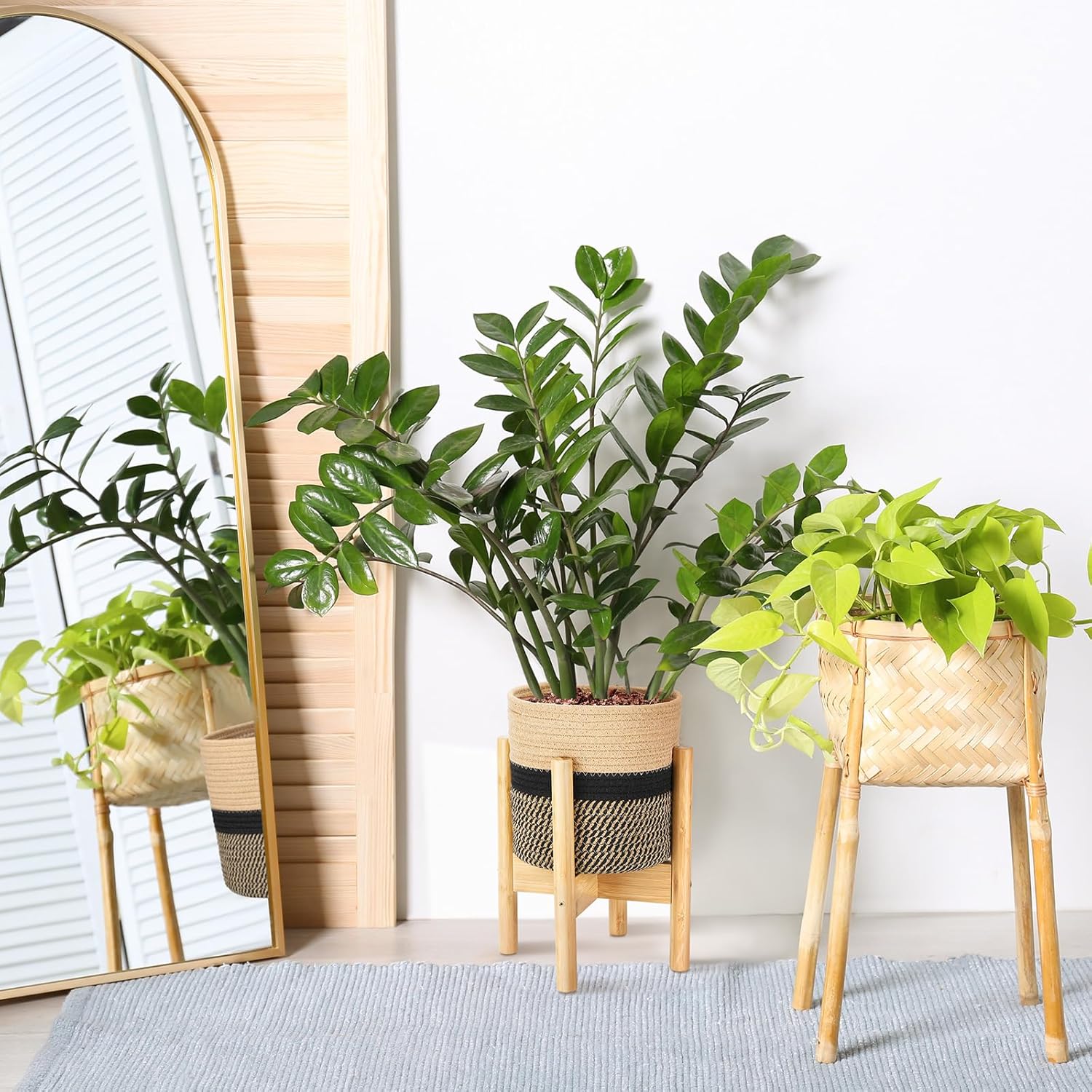 Plant Basket with Stand Indoor Planter Pot Holder Sturdy Jute Rope Modern Woven Basket, Cotton Rope Woven Pot with Bamboo Stand(7.87 Inch,Black and Beige Stripes)