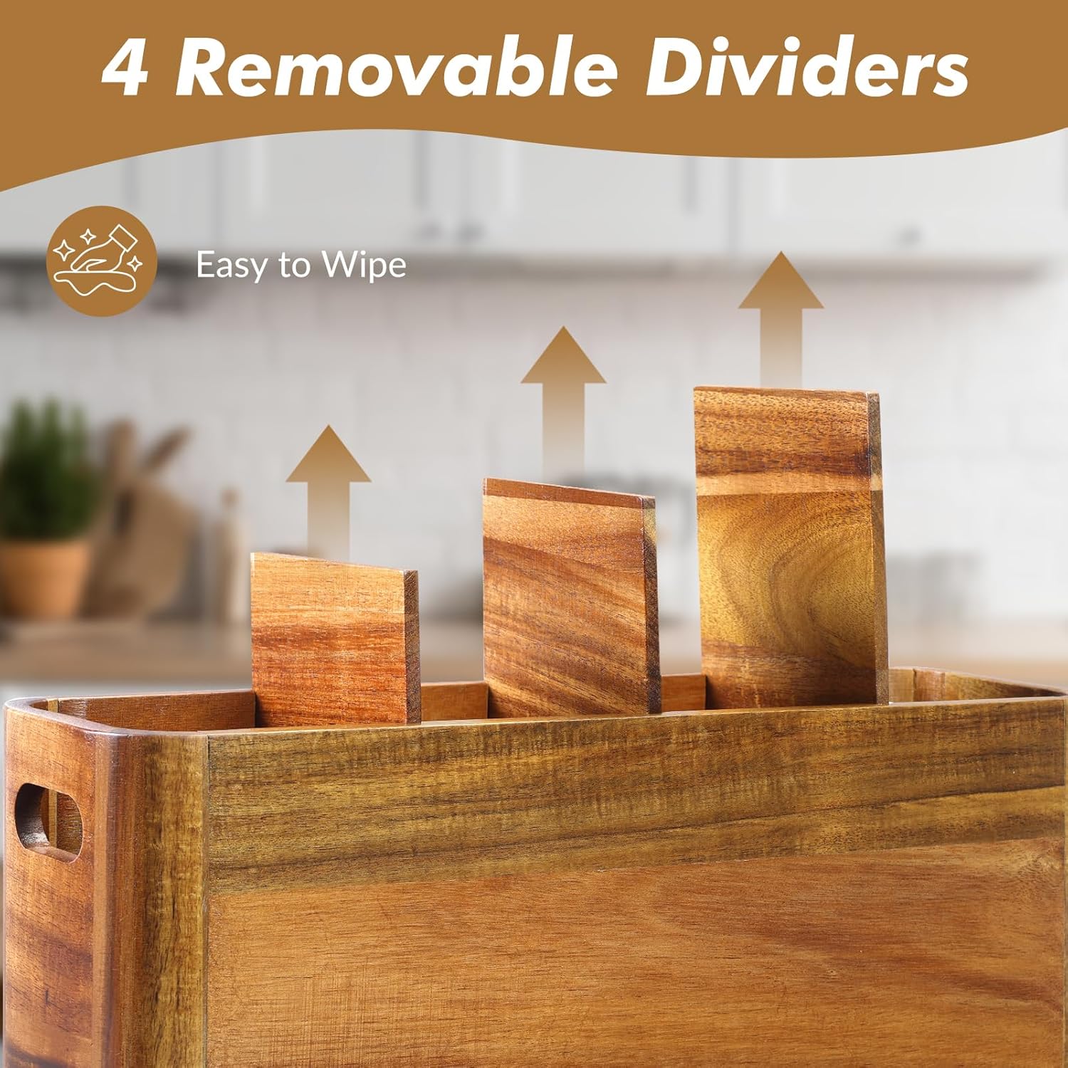 Kitchen Utensil Holder for Counter or Countertop, Extra Large Acacia Wood Organizer with 4 Compartments, Wooden Storage for Cooking and Silverware, Rustic Minimalist Decor, Sturdy Utensil Crock