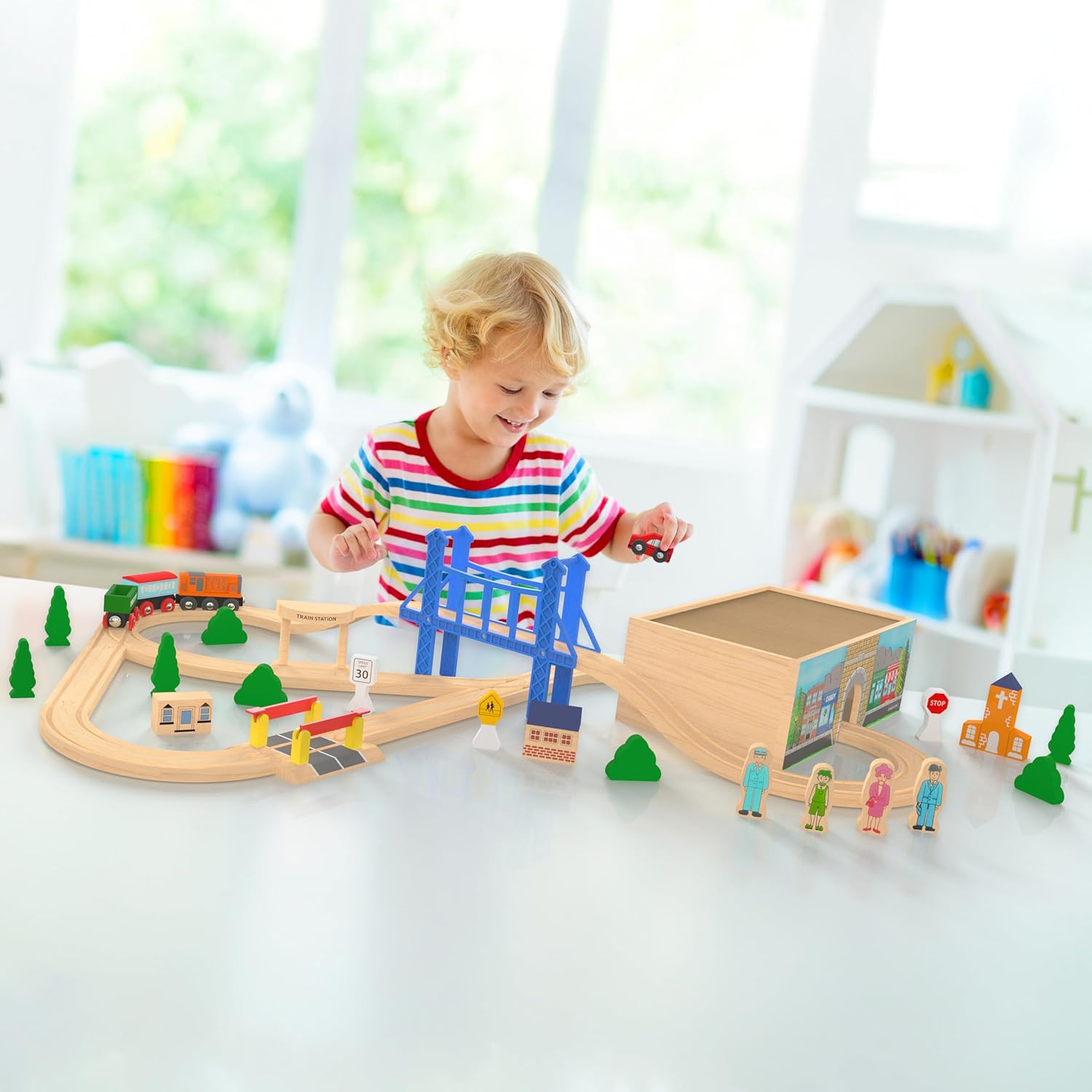 52 Pcs Deluxe Wooden Train Set with Wooden Storage Box Tunnel Compatible with Thomas, Brio, Melissa
