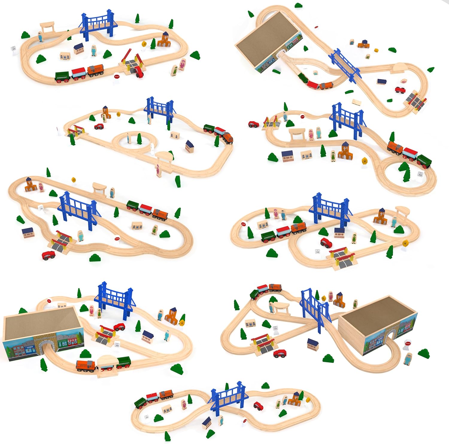 52 Pcs Deluxe Wooden Train Set with Wooden Storage Box Tunnel Compatible with Thomas, Brio, Melissa