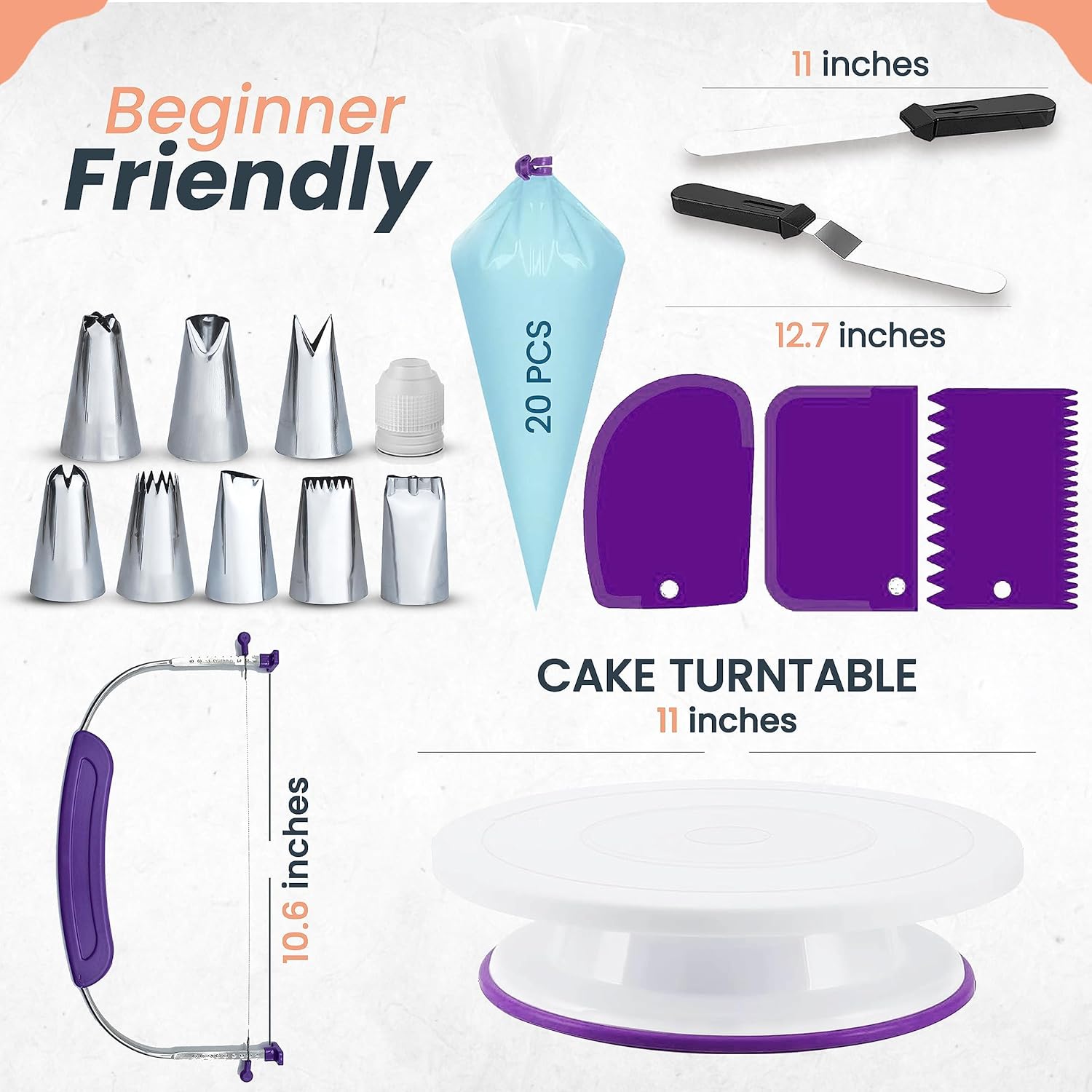 35PCs Cake Turntable and Leveler-Rotating Cake Stand with Non Slip pad-7 Icing Tips and 20 Bags- Straight & Offset Spatula-3 Scraper Set -EBook-Cake Decorating Supplies Kit -Baking Tools