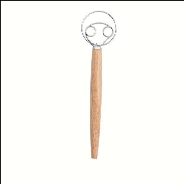 Danish Dough Whisk Stainless Steel Dough Hook Dutch Whisk for Sourdough Bread Dough Mixer Hand Wooden Handle Kitchen Whisking Mixing Tool Bread Making Tools and Supplies