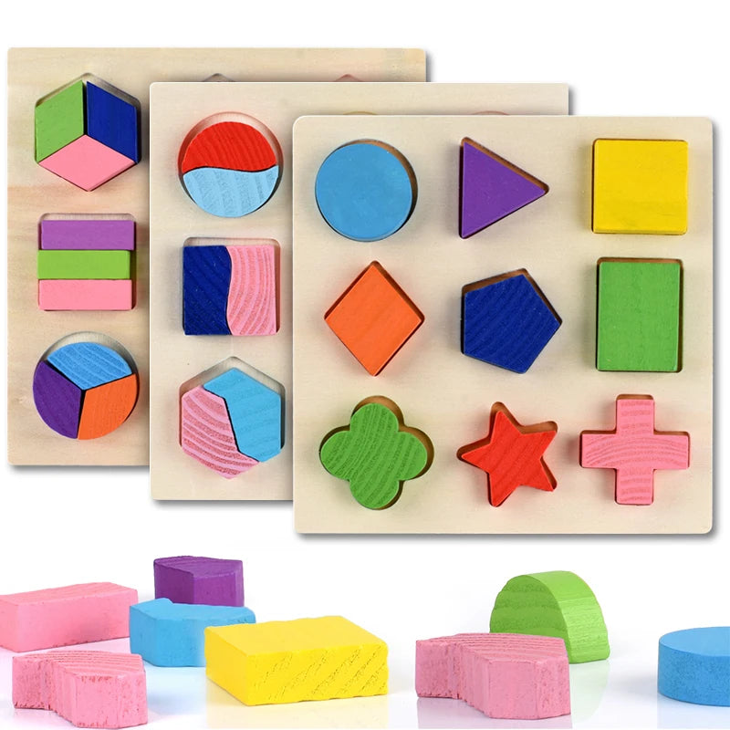 3in1 Wooden Geometric Shapes Stacking Rings and Fractions Boards- Shape Sorter Sorting Toy Stacking Game – Montessori Materials Educational Learning Toys for 3 4 5 6 Years