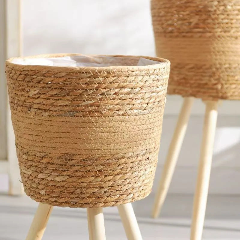 1PC Floor Planter Stand Floor Plant Stand Garden Decoration Rack Indoor Rattan Basket Wicker Round Riser Stand Indoor Plants Hamper Wood Planter Basket Plant Basket Wooden