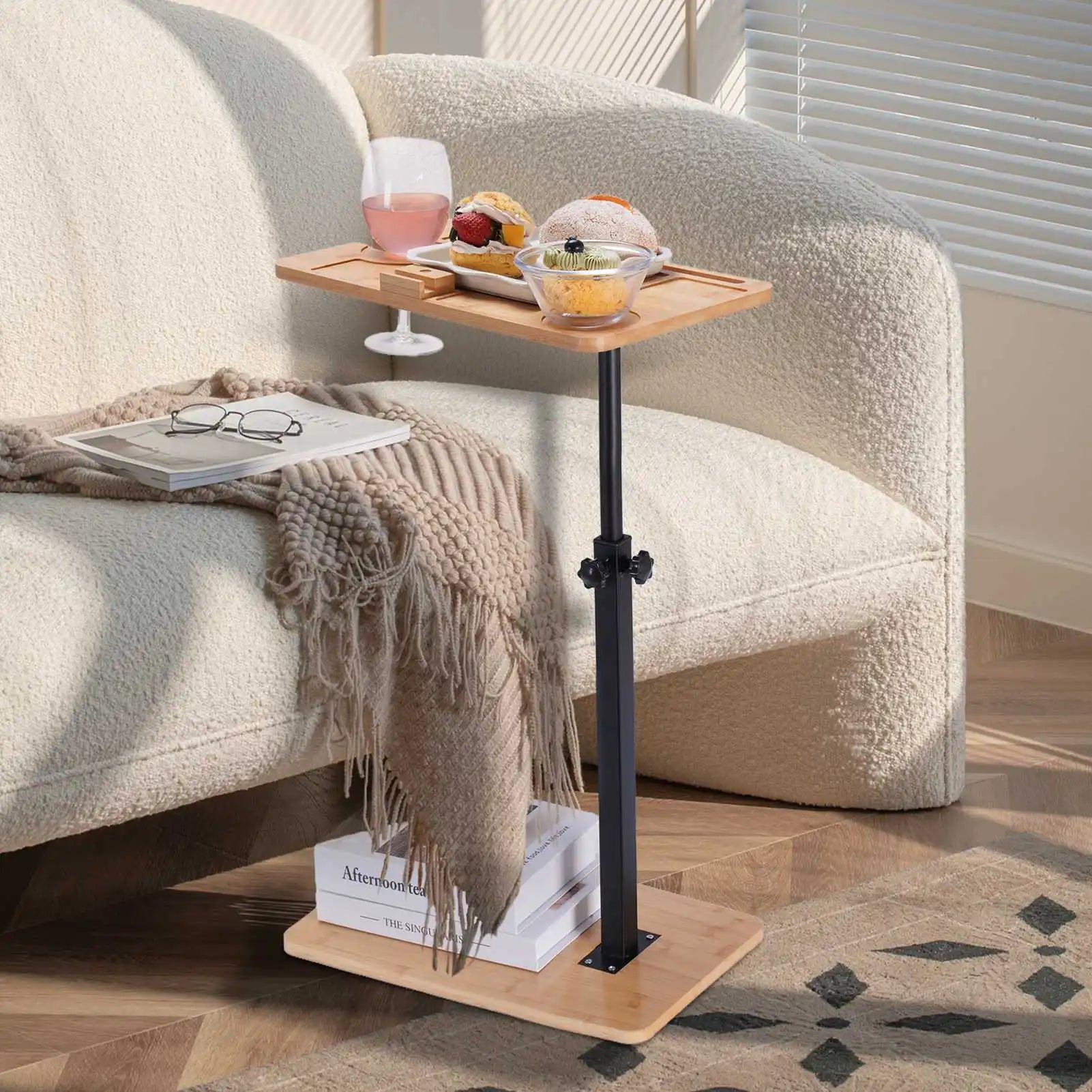 Sofa Couch Arm Table Tv Tray Small Bed Stand C Shaped Side End Tables for Living Room, Bedroom, Bedside Walnut
