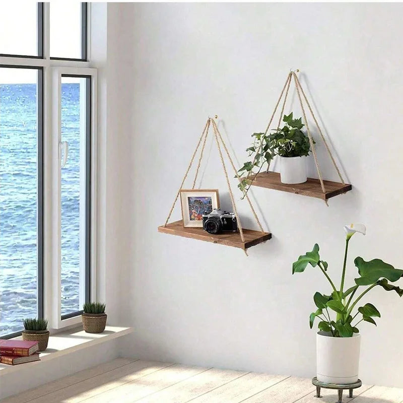 Wooden Swing Hanging Hemp Rope Wall Shelve Mounted Floating Home Living Room Plant Flower Pot Tray Storage Garden Decoration (Copy)