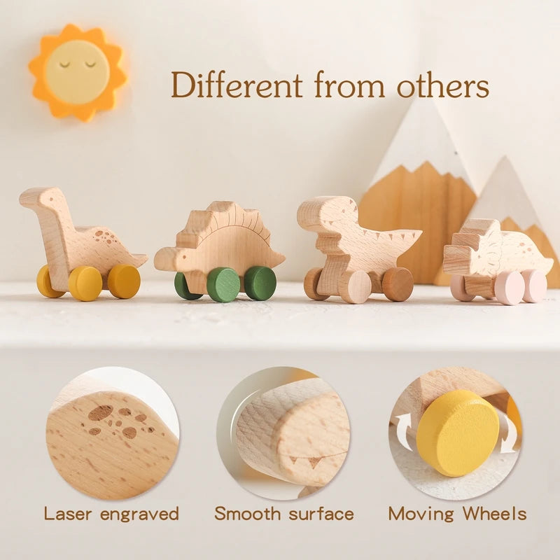 8 pcs Wooden Dinosaur Cars Montessori Toys for Babies Baby Push Car Toys Wooden Toy Vehicles Development and Infant Grasping Montessori Toys