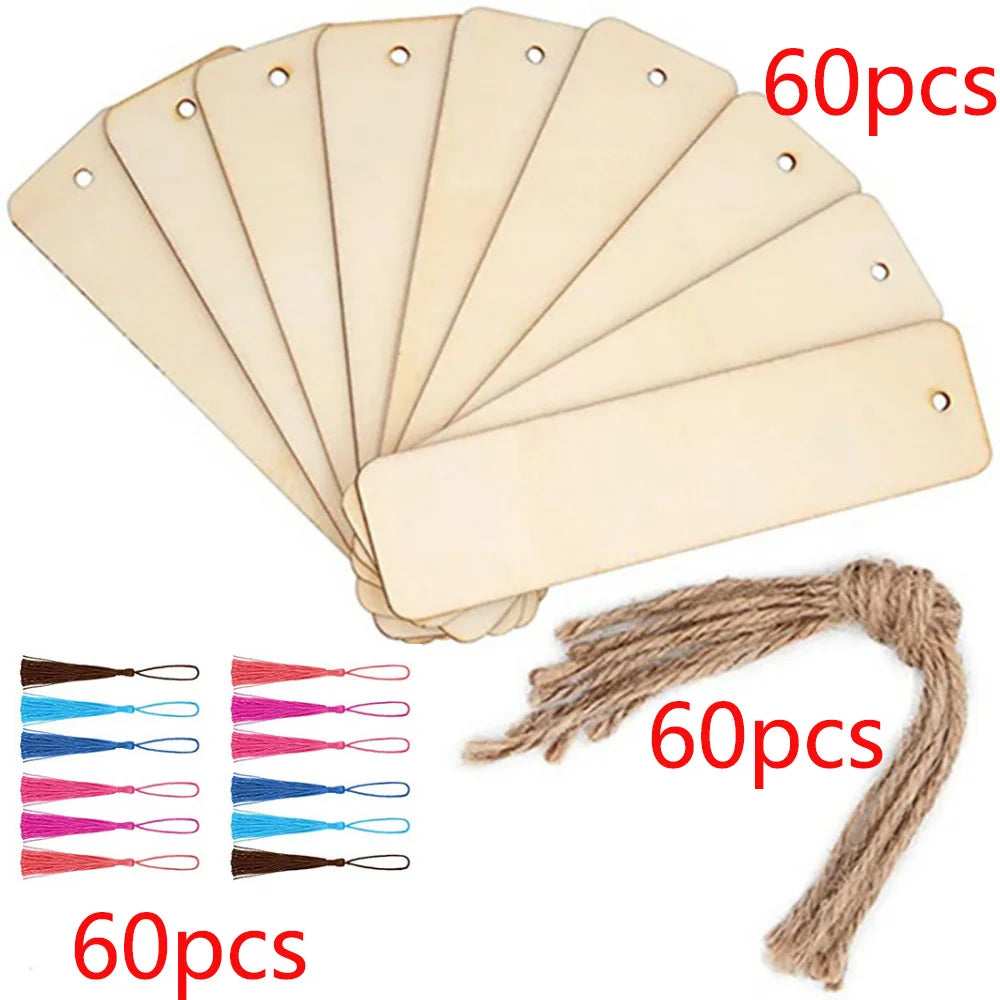 60 Pieces Wood Bookmark Blank Bulk Unfinished Bookmarks with Tassels DIY Craft Wooden Hanging Tag Ornaments with Holes for Back to School Classroom Christmas Gift