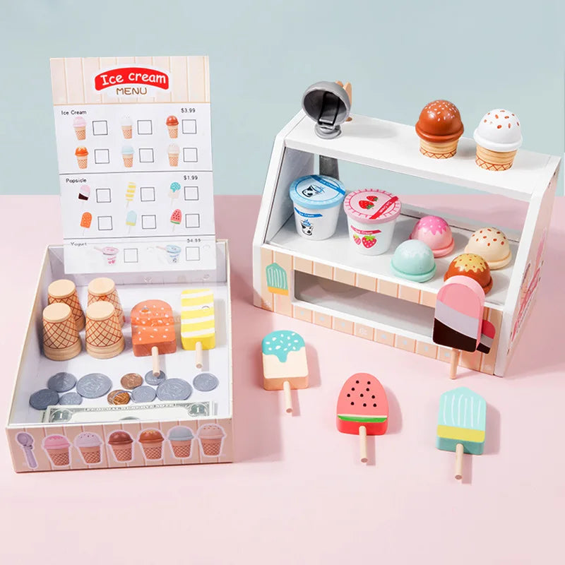Wooden Ice Cream Counter Playset for Kids, Toddler Girl Toys Kitchen Playset Pretend Play Gifts for 3 4 5 6 Year Old Girl or Boy, Play Food Scoop and Serve, Play Kitchen Sets for Kids Ages 4-8