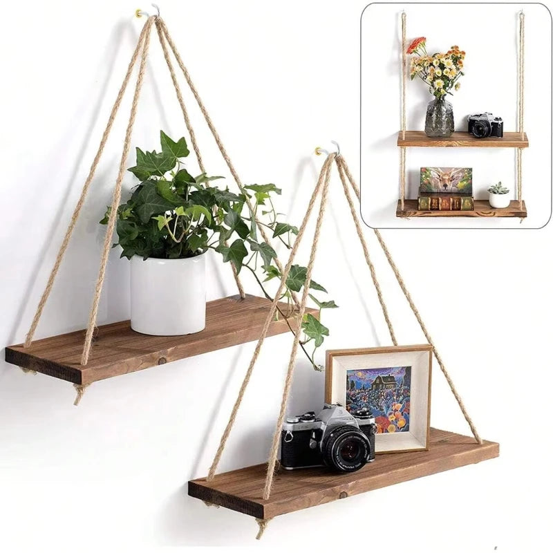 Wooden Swing Hanging Hemp Rope Wall Shelve Mounted Floating Home Living Room Plant Flower Pot Tray Storage Garden Decoration (Copy)