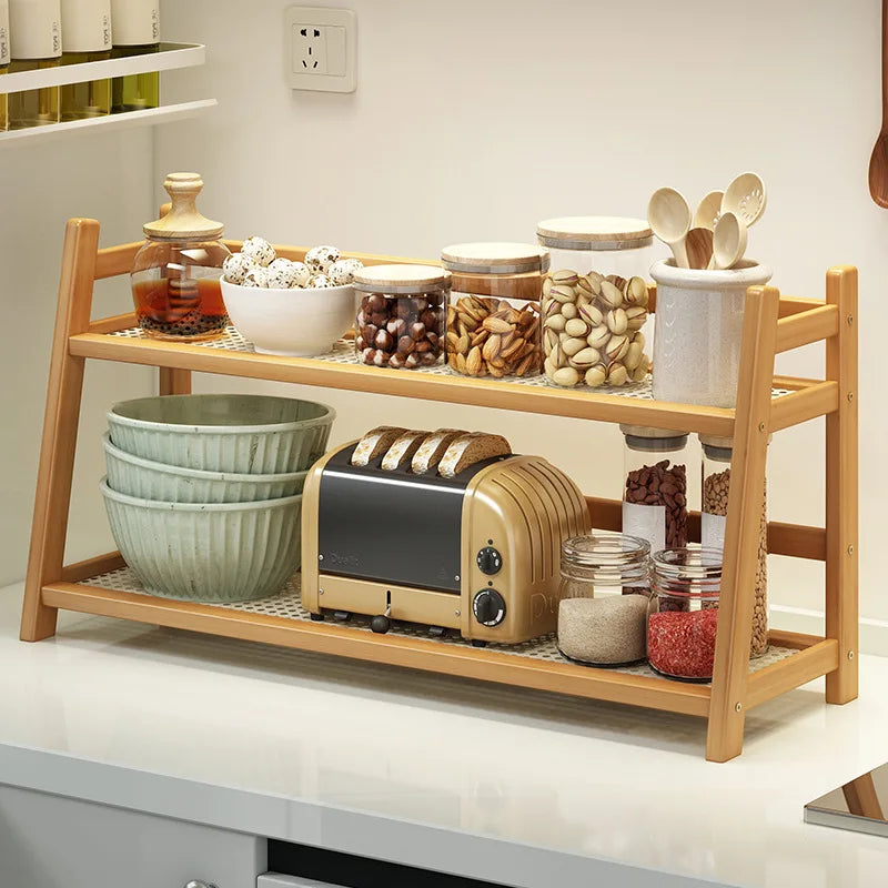 Household 2-Tier Cup Shelf Organizer, Kitchen Counter Shelf for Tea Coffee Bar Accessories, Bamboo Mug Holder Countertop, Matcha Stand, Cup Display, Condiment Storage Rack - Natural (Copy)