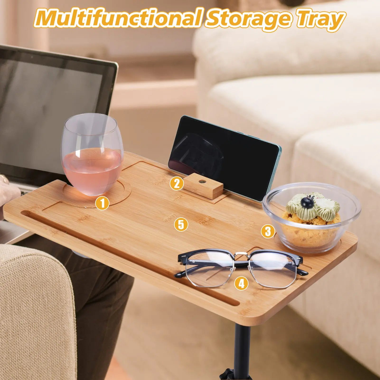 Sofa Couch Arm Table Tv Tray Small Bed Stand C Shaped Side End Tables for Living Room, Bedroom, Bedside Walnut