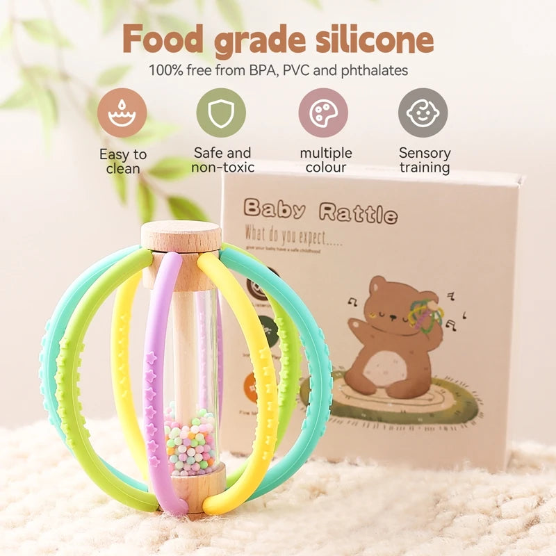 1PC Baby Rattle Toy Wooden Rain Drum With Silicone Baby Sensory Touch Toy Newborn Dental Care Gum Anti-eating Hand Molar Stick Gif