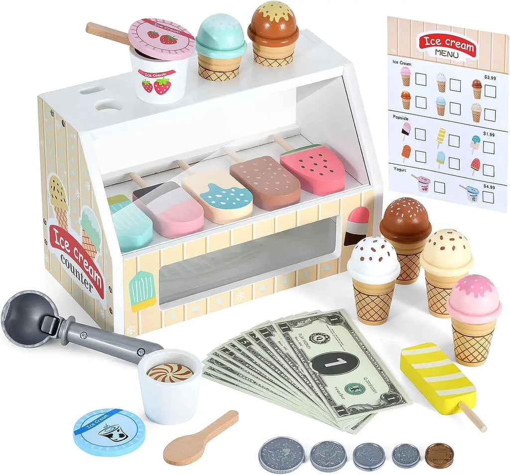 Wooden Ice Cream Counter Playset for Kids, Toddler Girl Toys Kitchen Playset Pretend Play Gifts for 3 4 5 6 Year Old Girl or Boy, Play Food Scoop and Serve, Play Kitchen Sets for Kids Ages 4-8