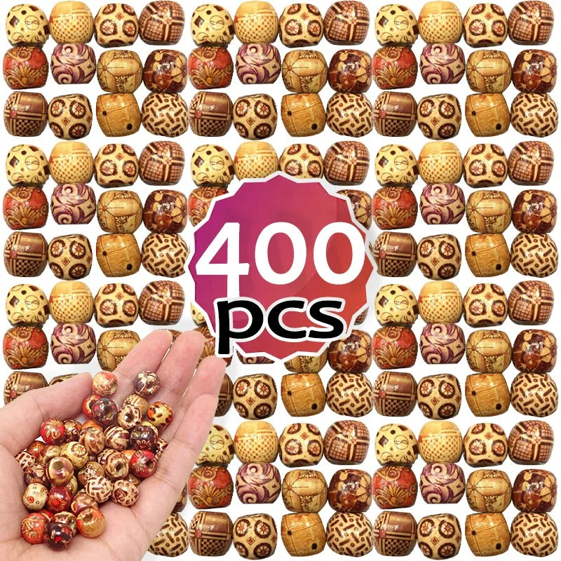 400pcs Wood Hair Beads for Braids and Dreadlocks, 12mm Painted Natural Wooden Beads for Loc Dreadlock Hair Accessories for Women
