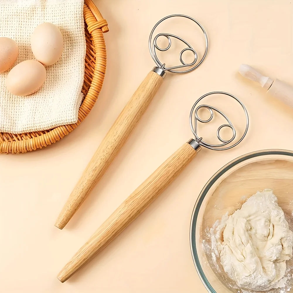 Danish Dough Whisk Stainless Steel Dough Hook Dutch Whisk for Sourdough Bread Dough Mixer Hand Wooden Handle Kitchen Whisking Mixing Tool Bread Making Tools and Supplies