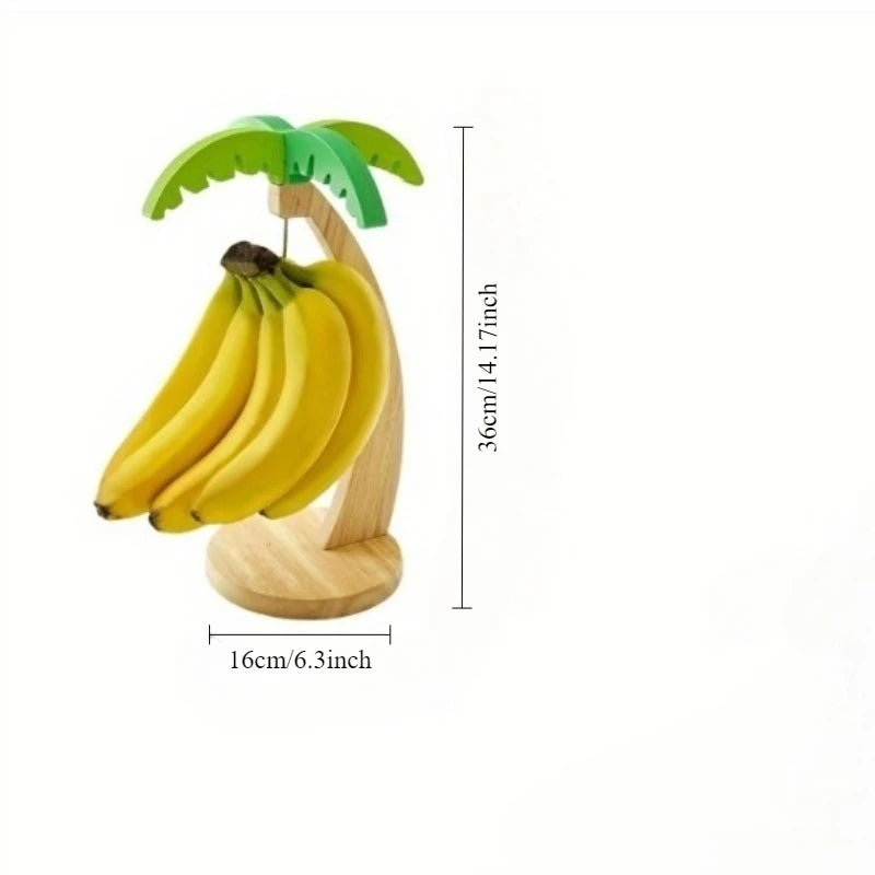 Wooden Banana Holder Stand, Rustic Wood Banana Hanger with Metal Hook for Countertop Kitchen Storage Grape Holder to Keep Fruits Fresh