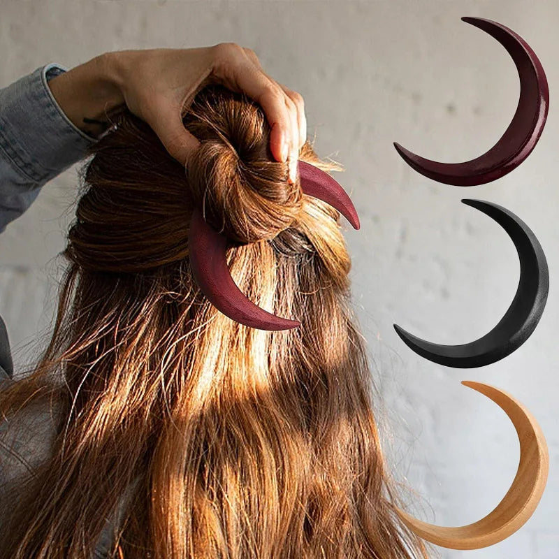 1PC Moon Hair Fork Hairpin for Women 5.12'' Moon Stick Hand Carved Clip Thin Hair Accessories Wooden Barrettes Lightweight Styling Tool