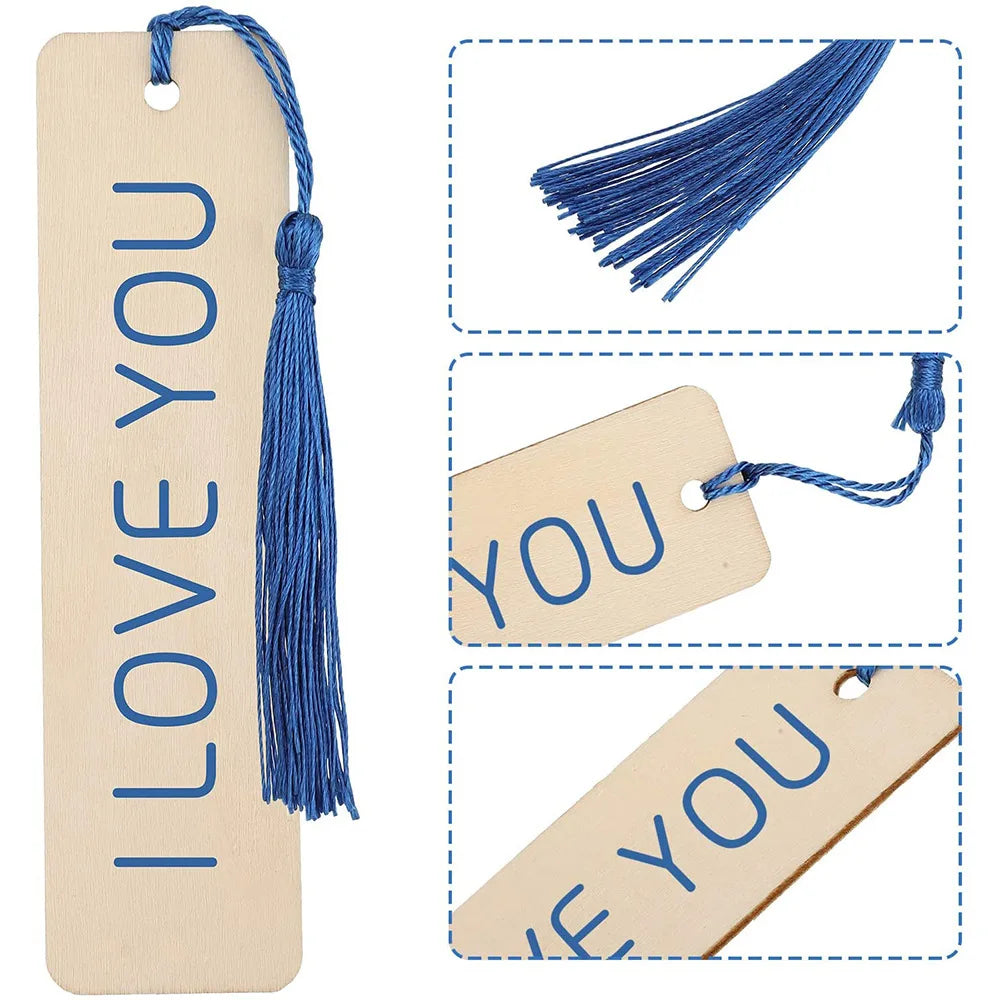 60 Pieces Wood Bookmark Blank Bulk Unfinished Bookmarks with Tassels DIY Craft Wooden Hanging Tag Ornaments with Holes for Back to School Classroom Christmas Gift