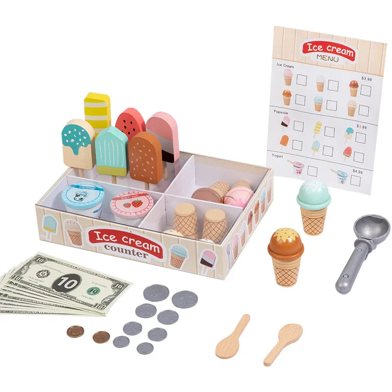 Wooden Ice Cream Counter Playset for Kids, Toddler Girl Toys Kitchen Playset Pretend Play Gifts for 3 4 5 6 Year Old Girl or Boy, Play Food Scoop and Serve, Play Kitchen Sets for Kids Ages 4-8