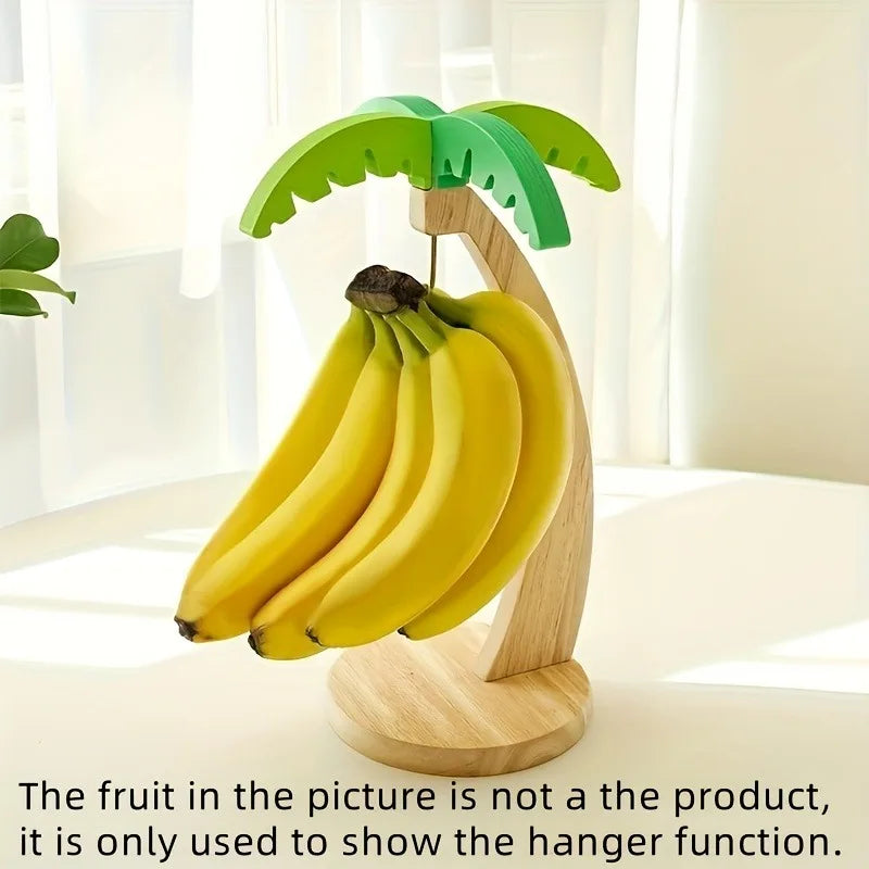 Wooden Banana Holder Stand, Rustic Wood Banana Hanger with Metal Hook for Countertop Kitchen Storage Grape Holder to Keep Fruits Fresh