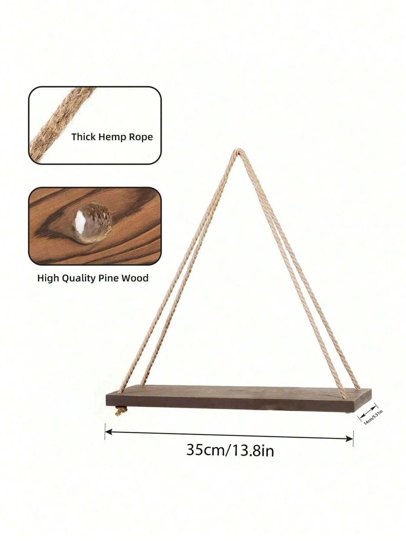 Wooden Swing Hanging Hemp Rope Wall Shelve Mounted Floating Home Living Room Plant Flower Pot Tray Storage Garden Decoration (Copy)