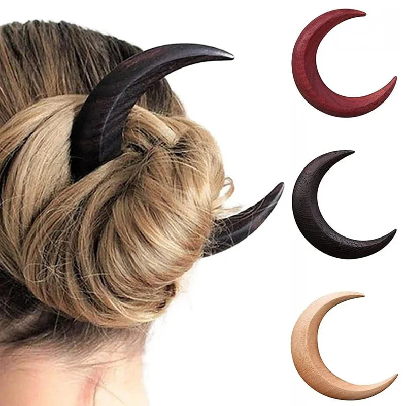 1PC Moon Hair Fork Hairpin for Women 5.12'' Moon Stick Hand Carved Clip Thin Hair Accessories Wooden Barrettes Lightweight Styling Tool