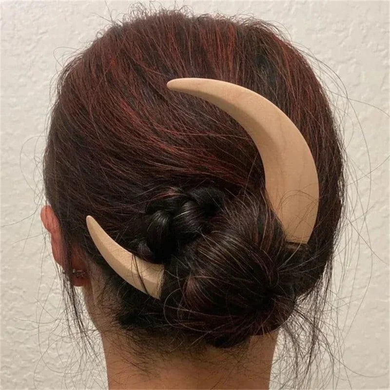 1PC Moon Hair Fork Hairpin for Women 5.12'' Moon Stick Hand Carved Clip Thin Hair Accessories Wooden Barrettes Lightweight Styling Tool