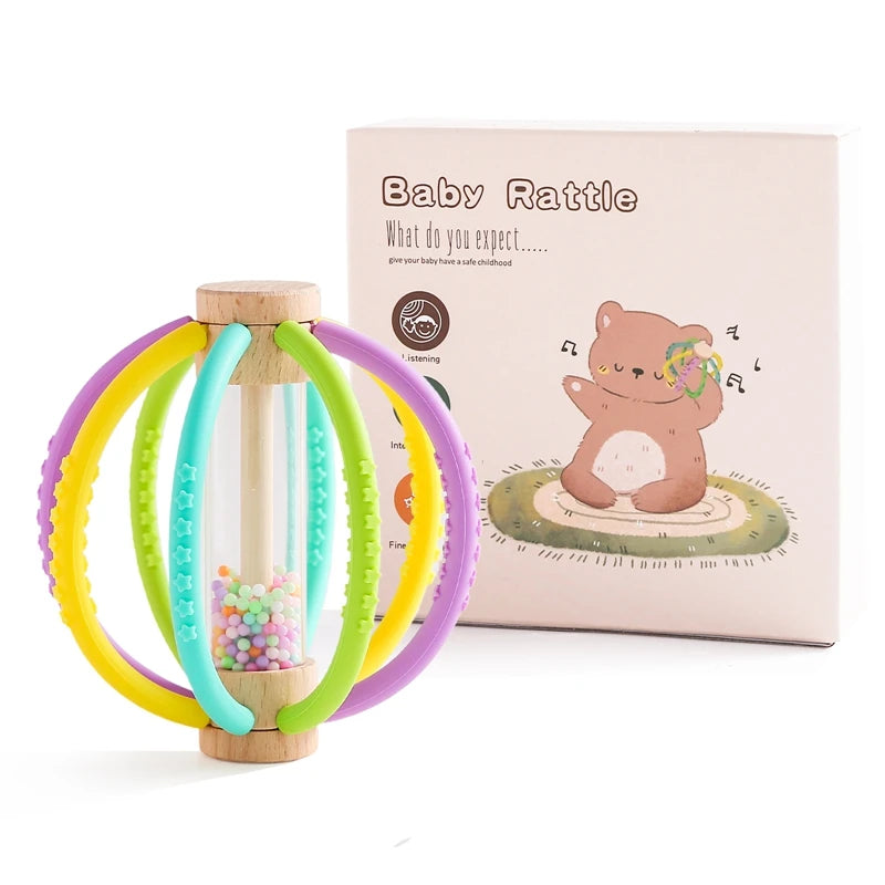 1PC Baby Rattle Toy Wooden Rain Drum With Silicone Baby Sensory Touch Toy Newborn Dental Care Gum Anti-eating Hand Molar Stick Gif