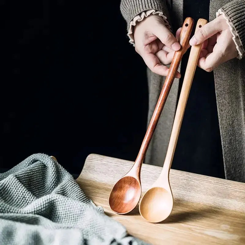 2in1 13 Inch Long Handle Wooden Cooking Spoons, Long Stirring Spoons Mixing Spoon Soup Mixing Kitchen Tools Wooden Utensils