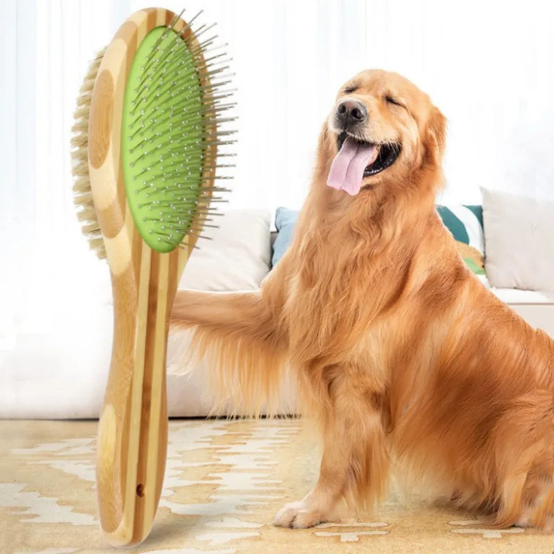 1pc Dog Brush, Double Sided Pet Slicker Brush with Bamboo Handle for Dogs and Cats Long Hair Pets Grooming Comb for Removing Shedding, Tangles and Dead Undercoat