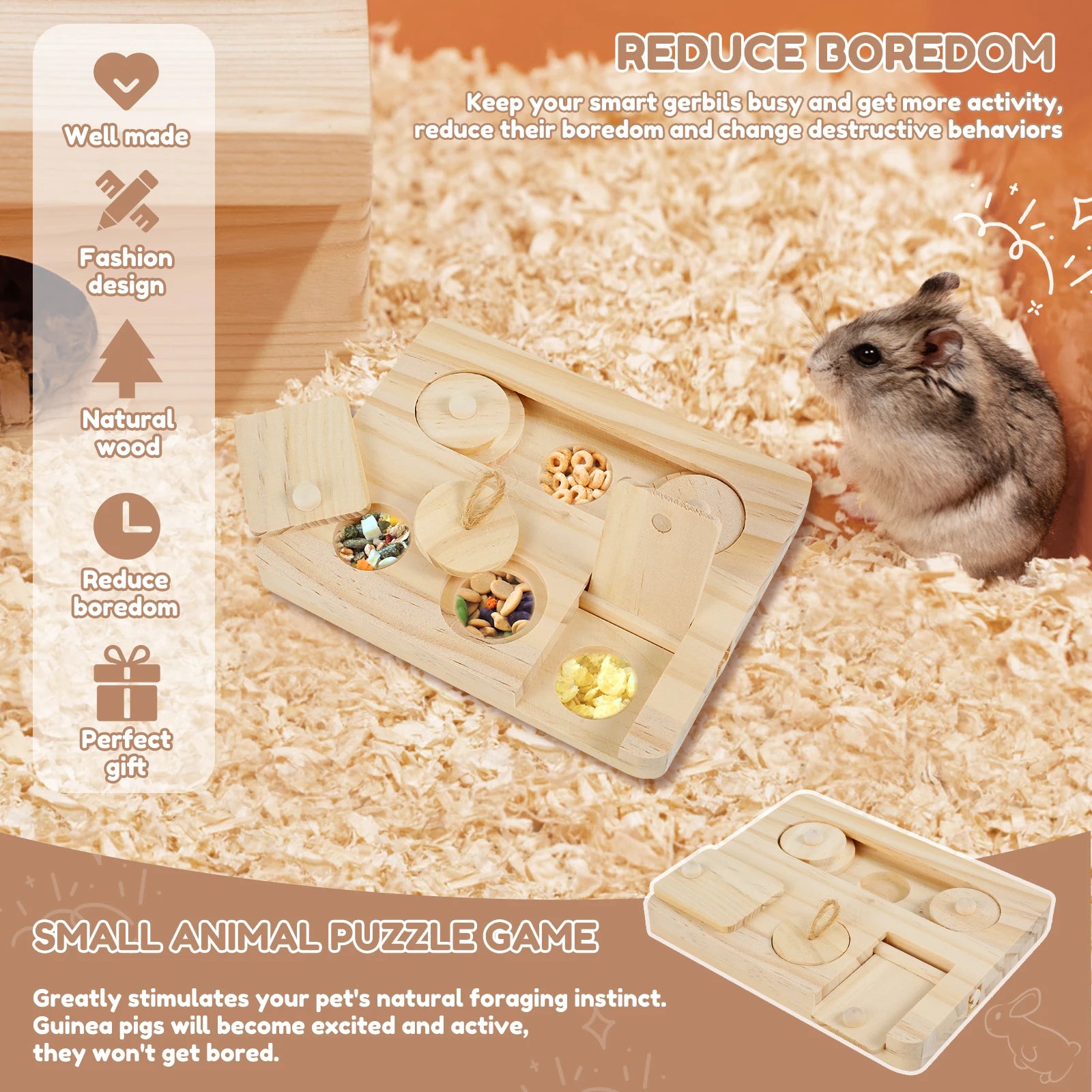 Guinea Pig Foraging Toys, 6 in 1 Hamsters Wooden Interactive Enrichment Toys, Treat Dispenser for Small Animal, for Rabbits, Bunny, Chinchillas, Rats and Gerbils