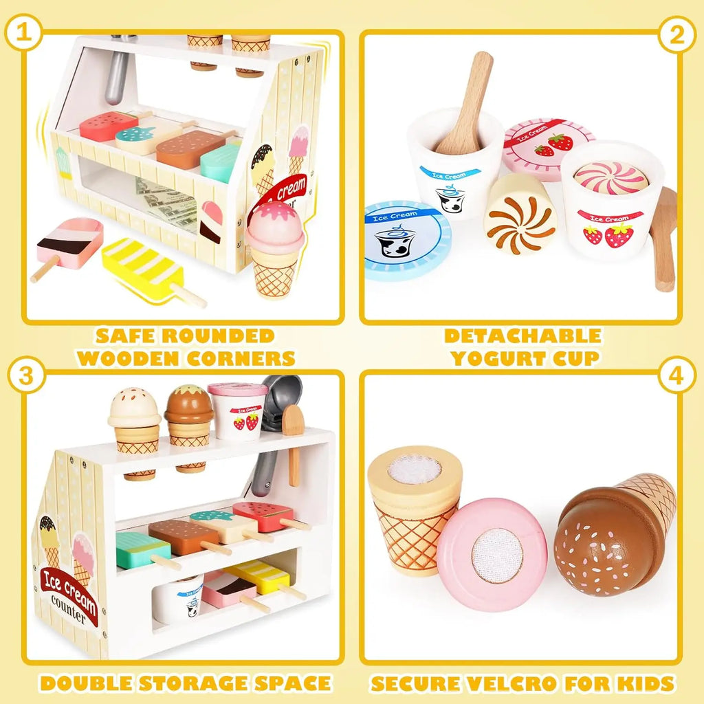 Wooden Ice Cream Counter Playset for Kids, Toddler Girl Toys Kitchen Playset Pretend Play Gifts for 3 4 5 6 Year Old Girl or Boy, Play Food Scoop and Serve, Play Kitchen Sets for Kids Ages 4-8