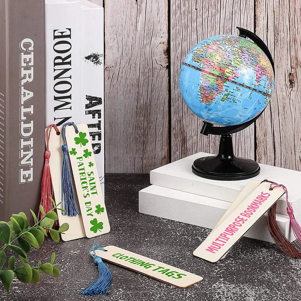 60 Pieces Wood Bookmark Blank Bulk Unfinished Bookmarks with Tassels DIY Craft Wooden Hanging Tag Ornaments with Holes for Back to School Classroom Christmas Gift