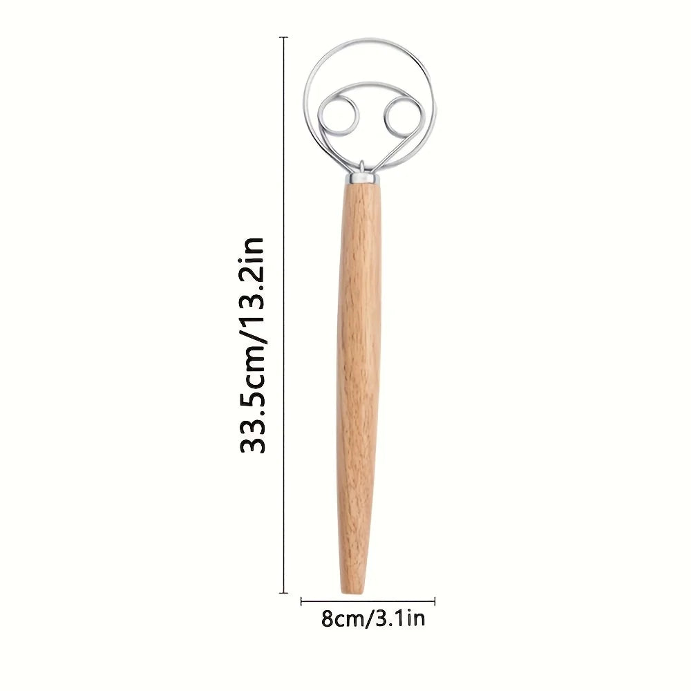 Danish Dough Whisk Stainless Steel Dough Hook Dutch Whisk for Sourdough Bread Dough Mixer Hand Wooden Handle Kitchen Whisking Mixing Tool Bread Making Tools and Supplies