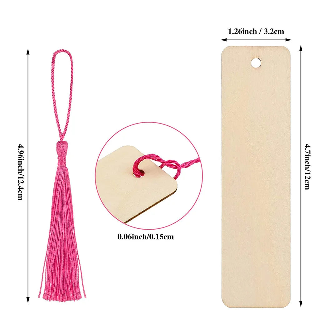60 Pieces Wood Bookmark Blank Bulk Unfinished Bookmarks with Tassels DIY Craft Wooden Hanging Tag Ornaments with Holes for Back to School Classroom Christmas Gift