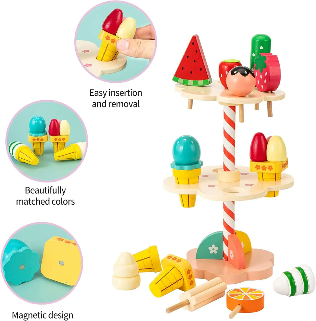 Wooden Ice Cream Counter Playset for Kids, Toddler Girl Toys Kitchen Playset Pretend Play Gifts for 3 4 5 6 Year Old Girl or Boy, Play Food Scoop and Serve, Play Kitchen Sets for Kids Ages 4-8