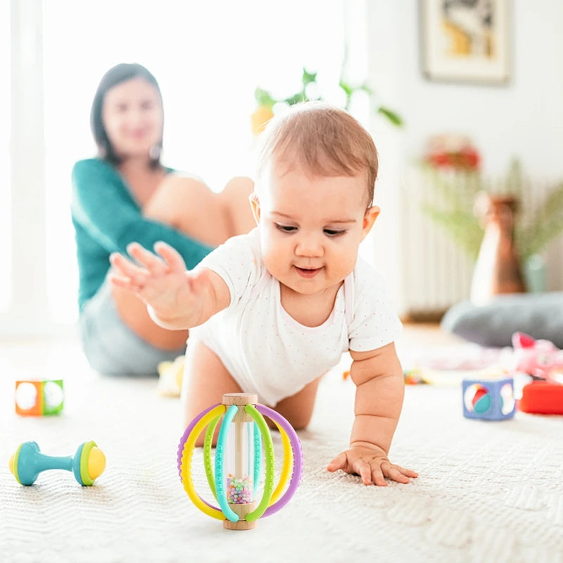 1PC Baby Rattle Toy Wooden Rain Drum With Silicone Baby Sensory Touch Toy Newborn Dental Care Gum Anti-eating Hand Molar Stick Gif