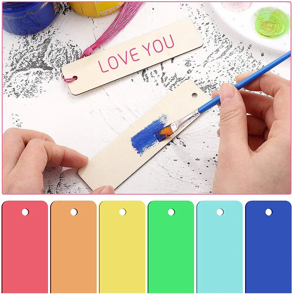 60 Pieces Wood Bookmark Blank Bulk Unfinished Bookmarks with Tassels DIY Craft Wooden Hanging Tag Ornaments with Holes for Back to School Classroom Christmas Gift