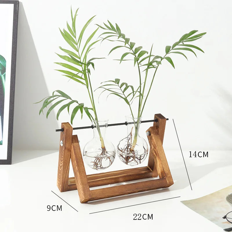 Wooden Base Glass Vase - Plant Holder & Propagation Station for Hydroponic Plants, Desktop Terrarium with Wooden Stand, Stylish Home & Office Décor, Great Gift for Plant