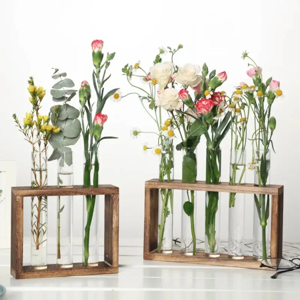 Desktop Glass Plant Propagation Station with 3/5 Test Tubes in Wooden Stand - Hydroponic Plants Cutting Office Home Decoration and Garden Decor Terrarium
