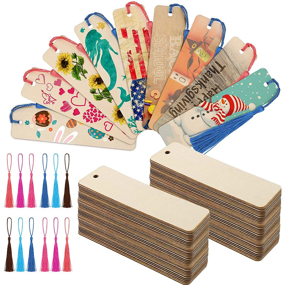 60 Pieces Wood Bookmark Blank Bulk Unfinished Bookmarks with Tassels DIY Craft Wooden Hanging Tag Ornaments with Holes for Back to School Classroom Christmas Gift